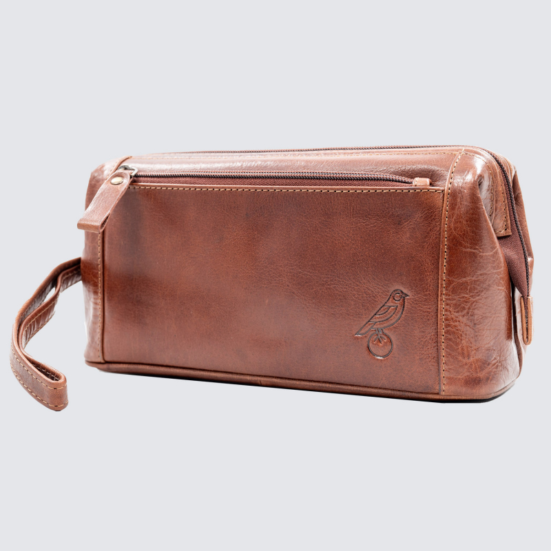 Tan Real Leather Crest Wash Bag 